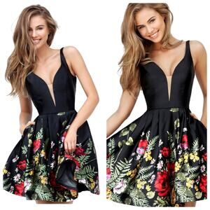 Sherri Hill Floral Fit and Flare Satin Mini Dress Lace Up Back with Pockets